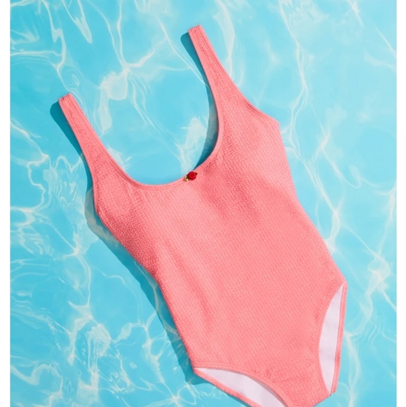 One-piece swimsuit by Betsey Johnson pink retro style rosebud detail, small NEW - Picture 13 of 16